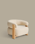 Granite beige outdoor armchair with 100% FSC solid teak wood legs with a natural finish.