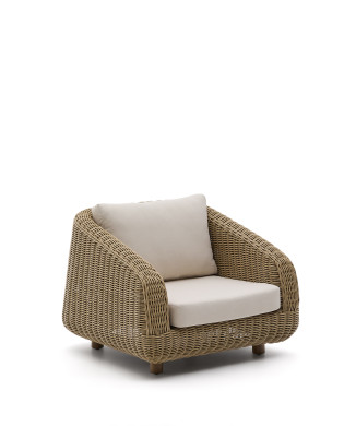Meria armchair in synthetic rattan and legs in 100% FSC solid acacia wood