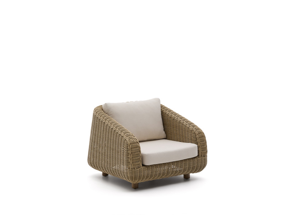 Meria armchair in synthetic rattan and legs in 100% FSC solid acacia wood