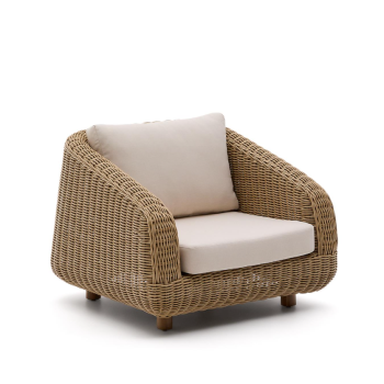 Meria armchair in synthetic rattan and legs in 100% FSC solid acacia wood