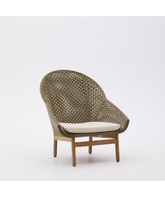 Olbia armchair with high backrest in synthetic rattan and 100% FSC teak solid wood