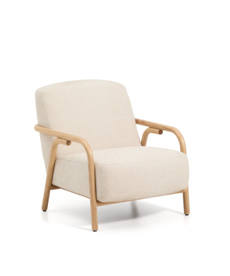 Sylo armchair in beige chenille and solid ash wood with a natural FSC 100% finish