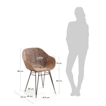 Chart chair in rattan and steel legs, grey finish, natural rattan