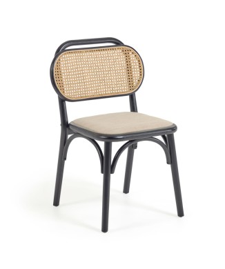 Doriane chair in solid elm wood lacquered in black and fabric seat