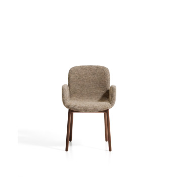 Elnor chair in brown chenille with armrests and legs in solid oak with walnut finish