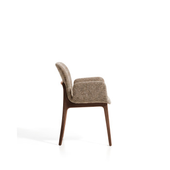 Elnor chair in brown chenille with armrests and legs in solid oak with walnut finish