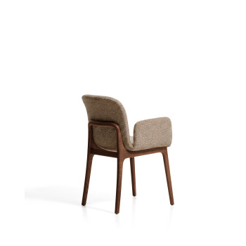 Elnor chair in brown chenille with armrests and legs in solid oak with walnut finish