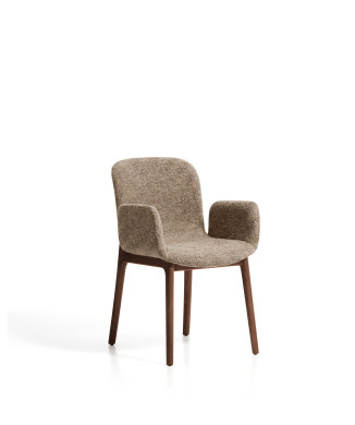 Elnor chair in brown chenille with armrests and legs in solid oak with walnut finish