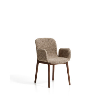 Elnor chair in brown chenille with armrests and legs in solid oak with walnut finish