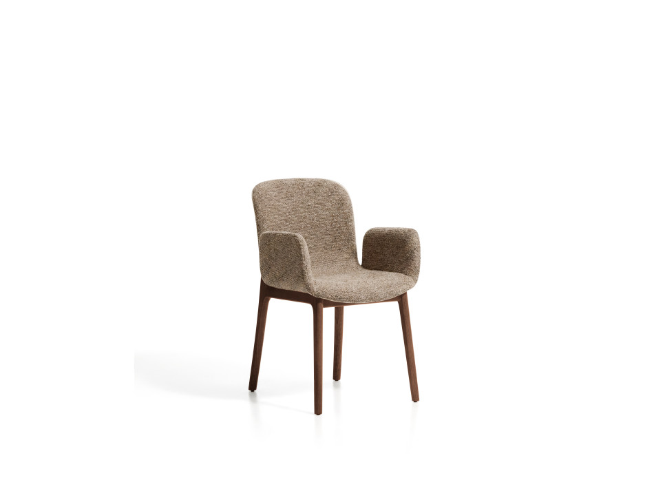 Elnor chair in brown chenille with armrests and legs in solid oak with walnut finish
