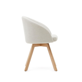 Marvin swivel chair in beige chenille and solid beech wood legs with a natural finish.