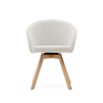 Marvin swivel chair in beige chenille and solid beech wood legs with a natural finish.