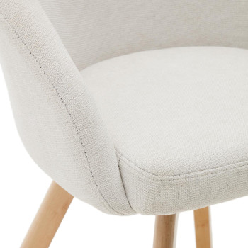 Marvin swivel chair in beige chenille and solid beech wood legs with a natural finish.