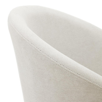 Marvin swivel chair in beige chenille and solid beech wood legs with a natural finish.