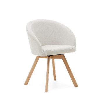 Marvin swivel chair in beige chenille and solid beech wood legs with a natural finish.