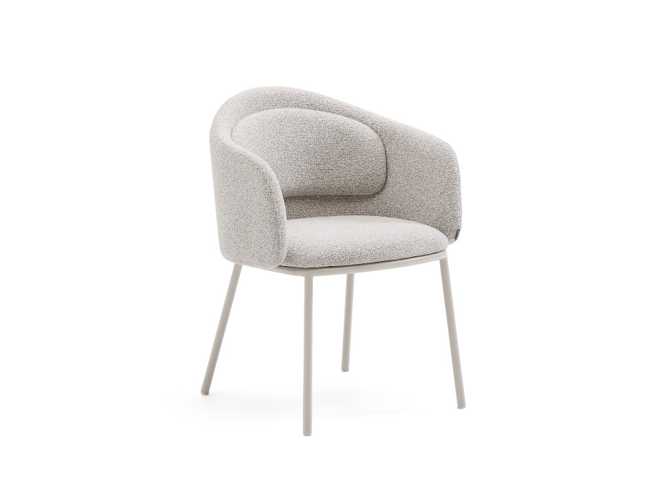 Idaira chair in thick beige chenille and steel legs with beige finish FSC Mix Credit