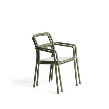 Linosa stackable outdoor chair in green aluminum with beige cushion
