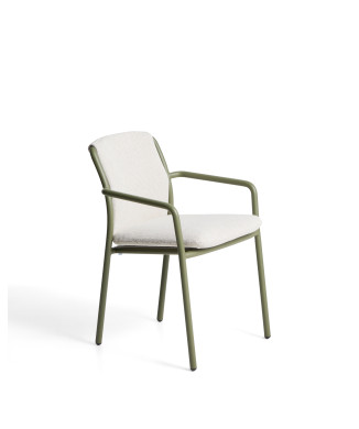Linosa stackable outdoor chair in green aluminum with beige cushion