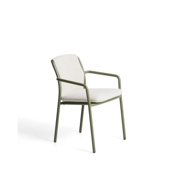 Linosa stackable outdoor chair in green aluminum with beige cushion
