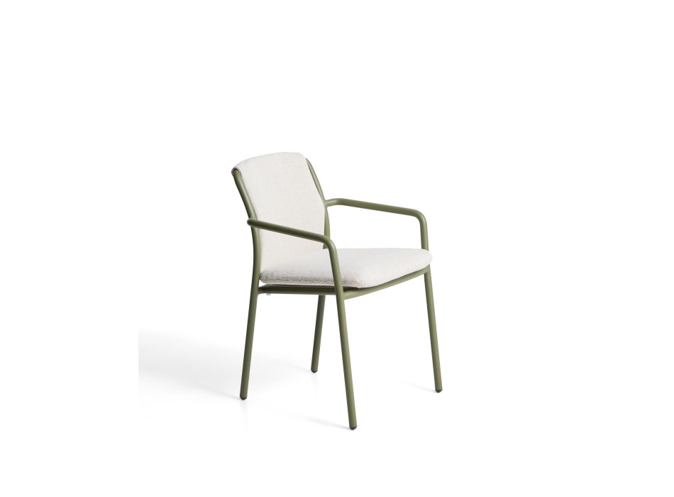 Linosa stackable outdoor chair in green aluminum with beige cushion