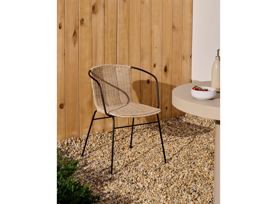 Eltiera stackable chair in synthetic rattan and black steel frame