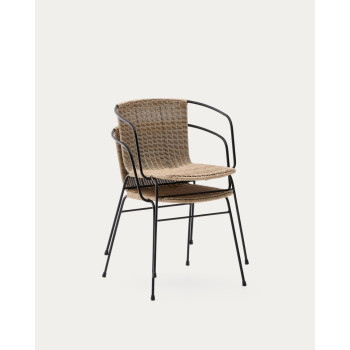 Eltiera stackable chair in synthetic rattan and black steel frame