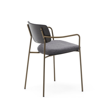 Maureen stackable chair in poplar plywood with dark tone finish and FSC 100% brass finish metal.