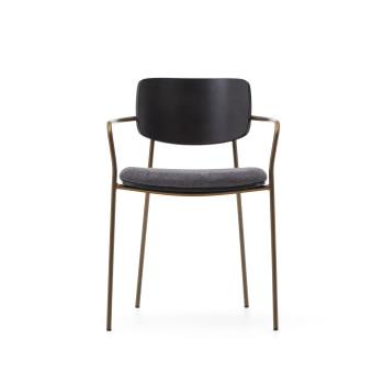 Maureen stackable chair in poplar plywood with dark tone finish and FSC 100% brass finish metal.