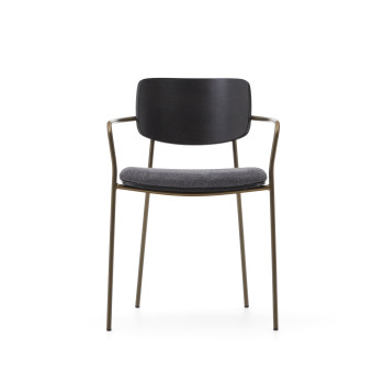 Maureen stackable chair in poplar plywood with dark tone finish and FSC 100% brass finish metal.