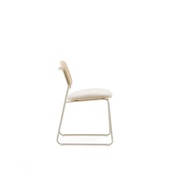 Stackable Meli chair in poplar plywood with beige chenille seat and beige metal legs FSC Mix Credit