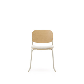 Stackable Meli chair in poplar plywood with beige chenille seat and beige metal legs FSC Mix Credit