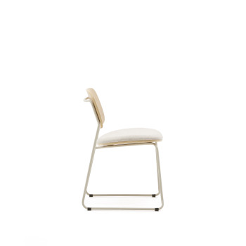 Stackable Meli chair in poplar plywood with beige chenille seat and beige metal legs FSC Mix Credit