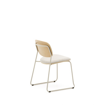 Stackable Meli chair in poplar plywood with beige chenille seat and beige metal legs FSC Mix Credit