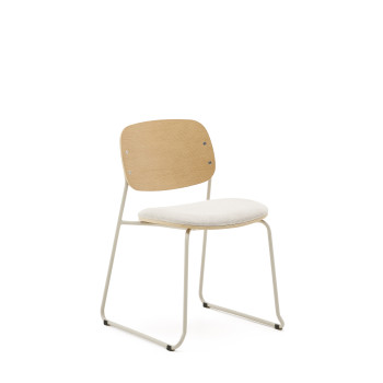 Stackable Meli chair in poplar plywood with beige chenille seat and beige metal legs FSC Mix Credit