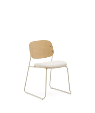 Stackable Meli chair in poplar plywood with beige chenille seat and beige metal legs FSC Mix Credit