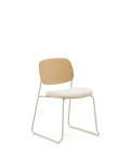 Stackable Meli chair in poplar plywood with beige chenille seat and beige metal legs FSC Mix Credit