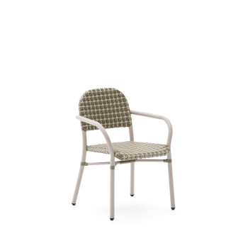 Tuccia stackable chair in aluminum and beige and green synthetic rattan