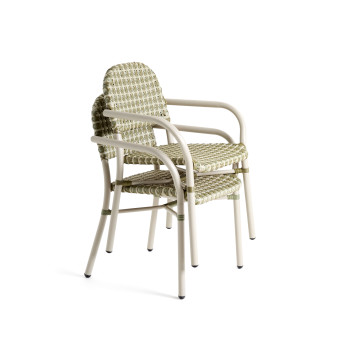 Tuccia stackable chair in aluminum and beige and green synthetic rattan