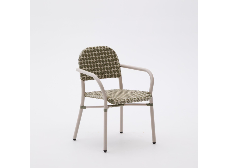 Tuccia stackable chair in aluminum and beige and green synthetic rattan