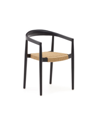 Ydalia stackable chair in solid teak wood with black finish and synthetic rattan rope