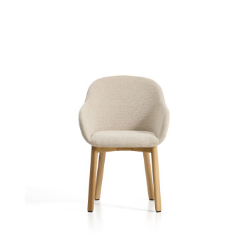 Meila chair with beige chenille armrests and solid oak legs with a natural finish