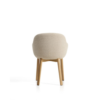 Meila chair with beige chenille armrests and solid oak legs with a natural finish