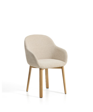 Meila chair with beige chenille armrests and solid oak legs with a natural finish