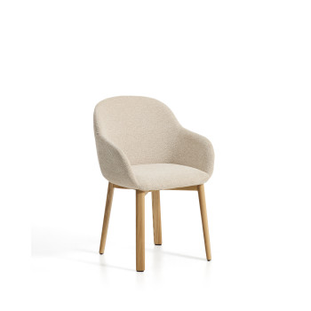 Meila chair with beige chenille armrests and solid oak legs with a natural finish