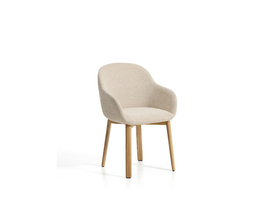 Meila chair with beige chenille armrests and solid oak legs with a natural finish