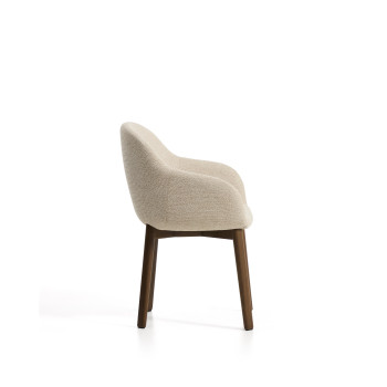 Meila chair with beige chenille armrests and solid oak legs with walnut finish