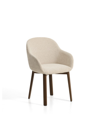 Meila chair with beige chenille armrests and solid oak legs with walnut finish