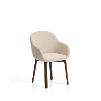 Meila chair with beige chenille armrests and solid oak legs with walnut finish