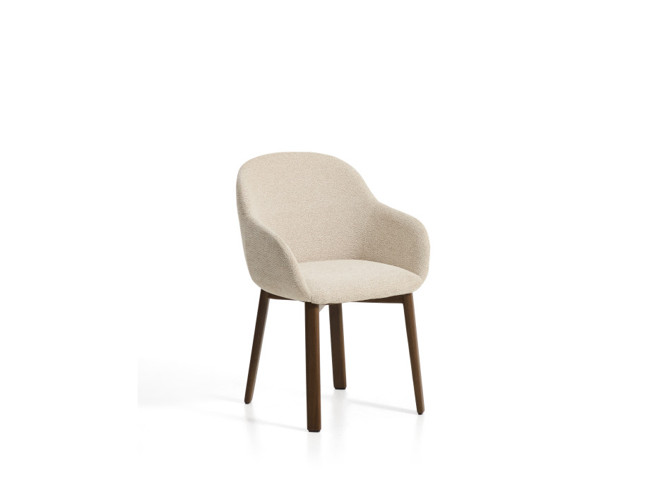Meila chair with beige chenille armrests and solid oak legs with walnut finish