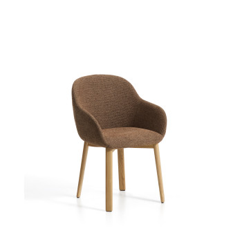 Meila chair with terracotta chenille armrests and solid oak legs with a natural finish